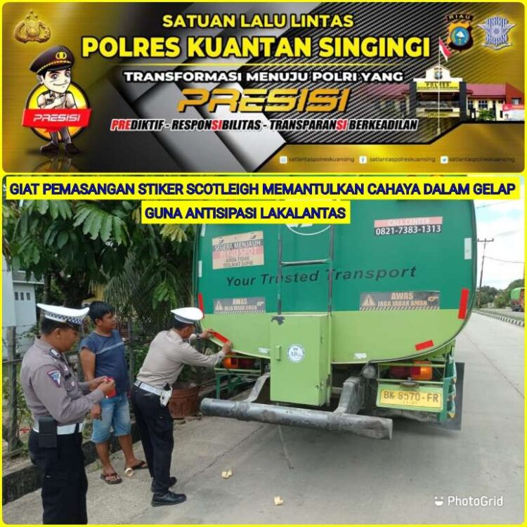 Sat Lantas Polres Kuansing Pasang Sticker Scotlight untuk Antisipasi Kecelakaan Kendaraan Angkutan Barang