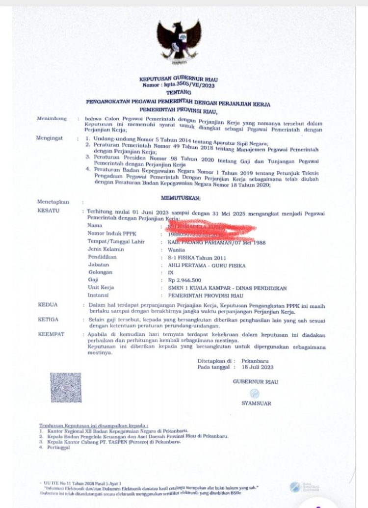 Guru SMK Negeri 3 SK P3K Tahun 2023 di Pekanbaru Melanggar Aturan yang Telah Ditetapkan